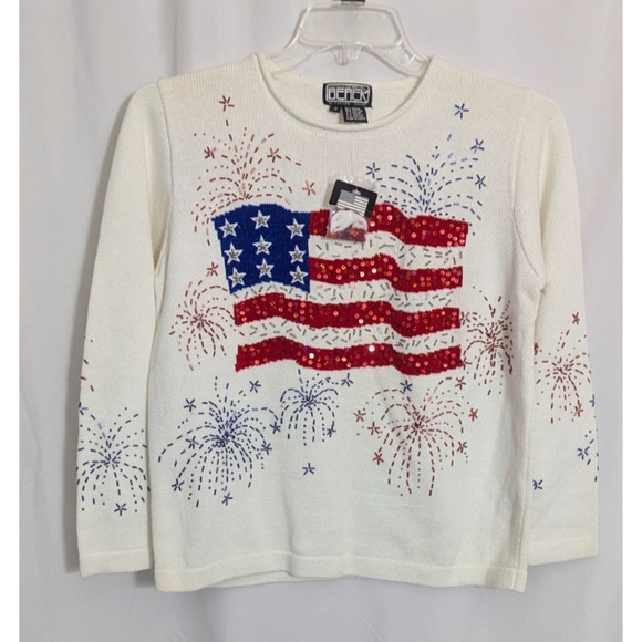 NWT Vtg Berek White American Flag Fireworks Sweater Small Patriotic Knit USA E2 - Picture 1 of 6